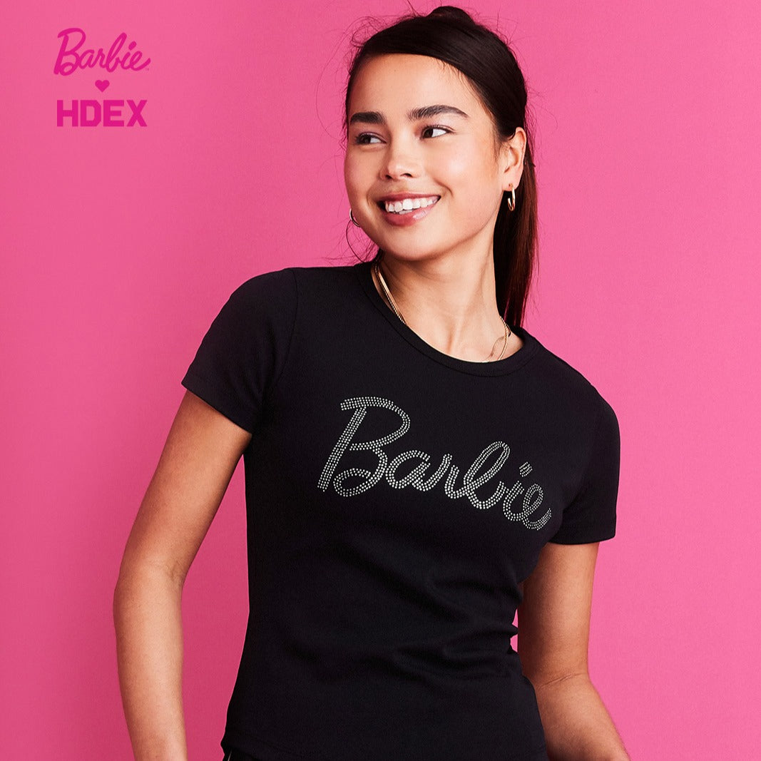 HDEX x Barbie 聯名系列閃亮短袖上衣 黑色