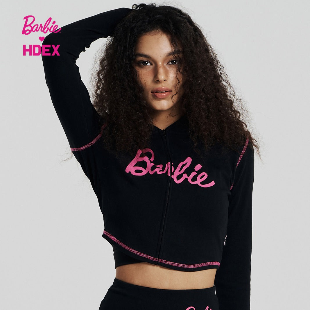HDEX x Barbie 聯名系列Logo印花拉鍊連帽上衣 黑色